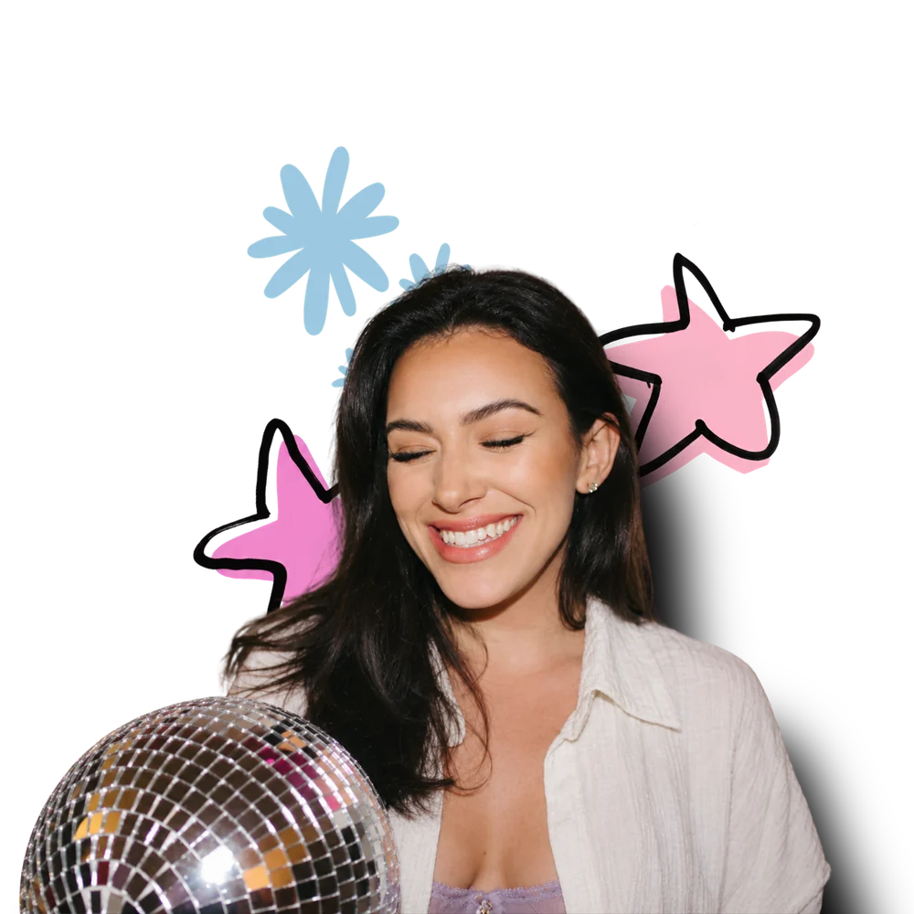 Jaclyn smiling with her eyes closed, holding a disco ball, with hand-drawn stars and a flower around her