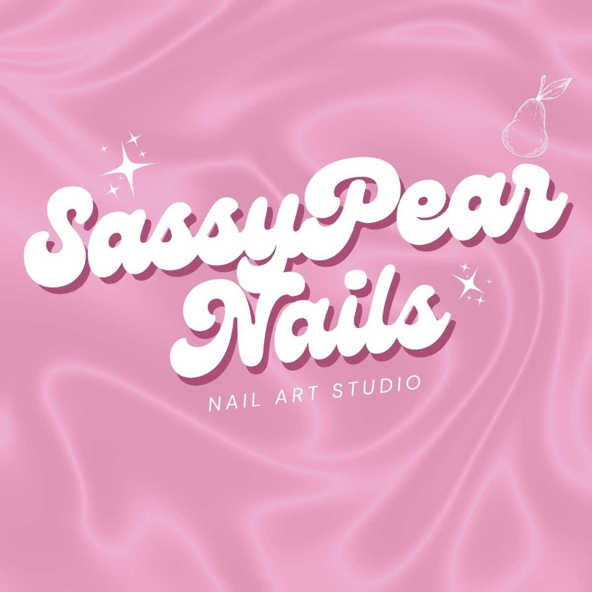 Sassy Pear Nails logo: a white retro script wordmark with a pink drop shadow on a pink liquid swirl background, with sparkles and a line-drawn pear
