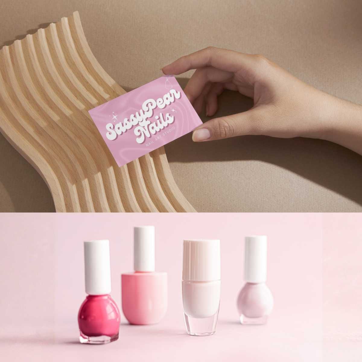 A hand holding the pink Sassy Pear Nails business card above four pink nail polish bottles