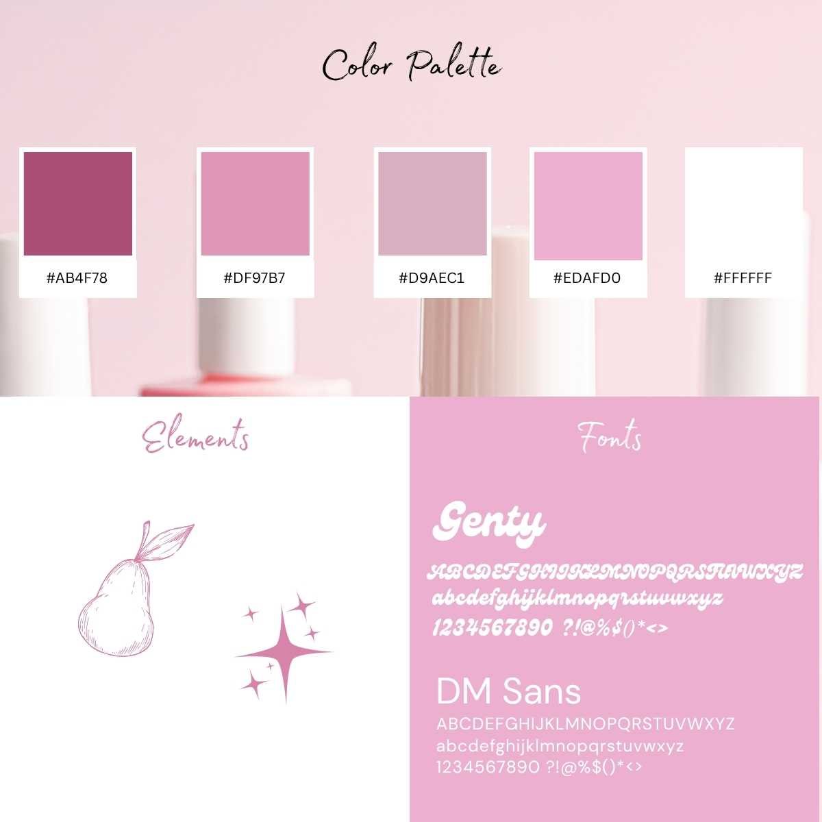 Brand board showing five colors with hex codes, the pear and sparkle elements, and the Genty and DM Sans fonts